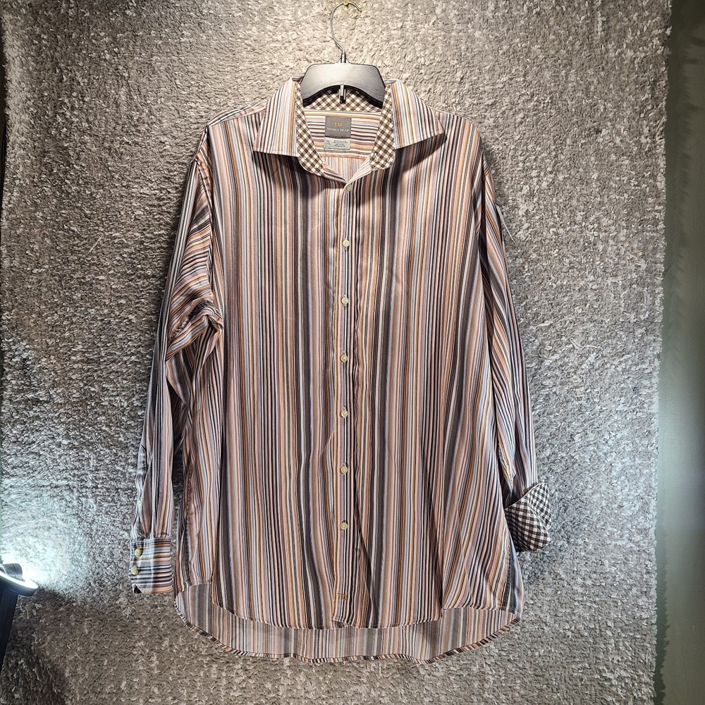 Thomas Dean Men Dress Shirt Size XXL Button Up Long Sleeve Striped Contrast Trim